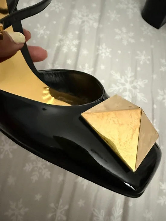 Valentino Black Patent Slingback Pumps with Gold Pyramid Accent - Picture 13 of 15